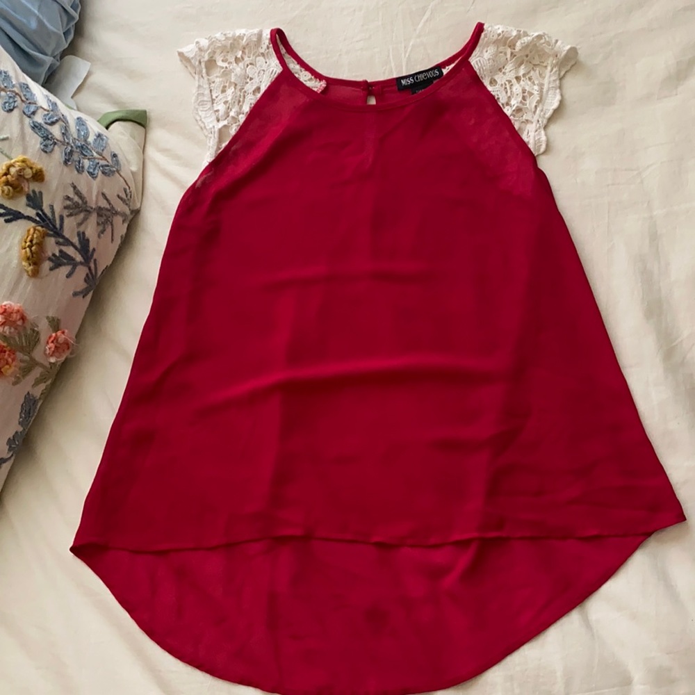 Red Sheer Top with Lace Sleeves